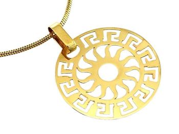 Modna złota zawieszka damska próby 585 z ażurowym greckim wzorem. Okrągły wisiorek bez kamieni, idealny na prezent i do noszenia na łańcuszku.2.jpg